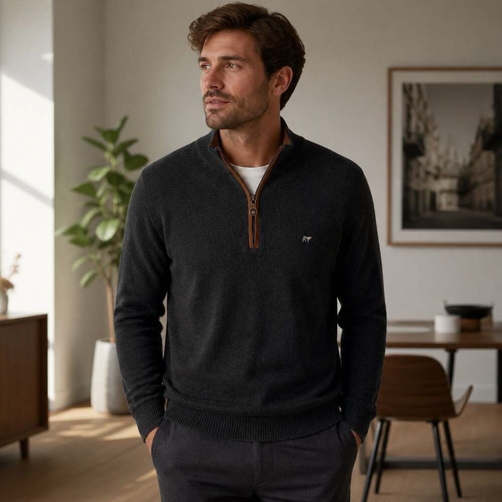 Southern Point Co. The Hayward Zip Cotton Sweater Charcoal Grey Medium